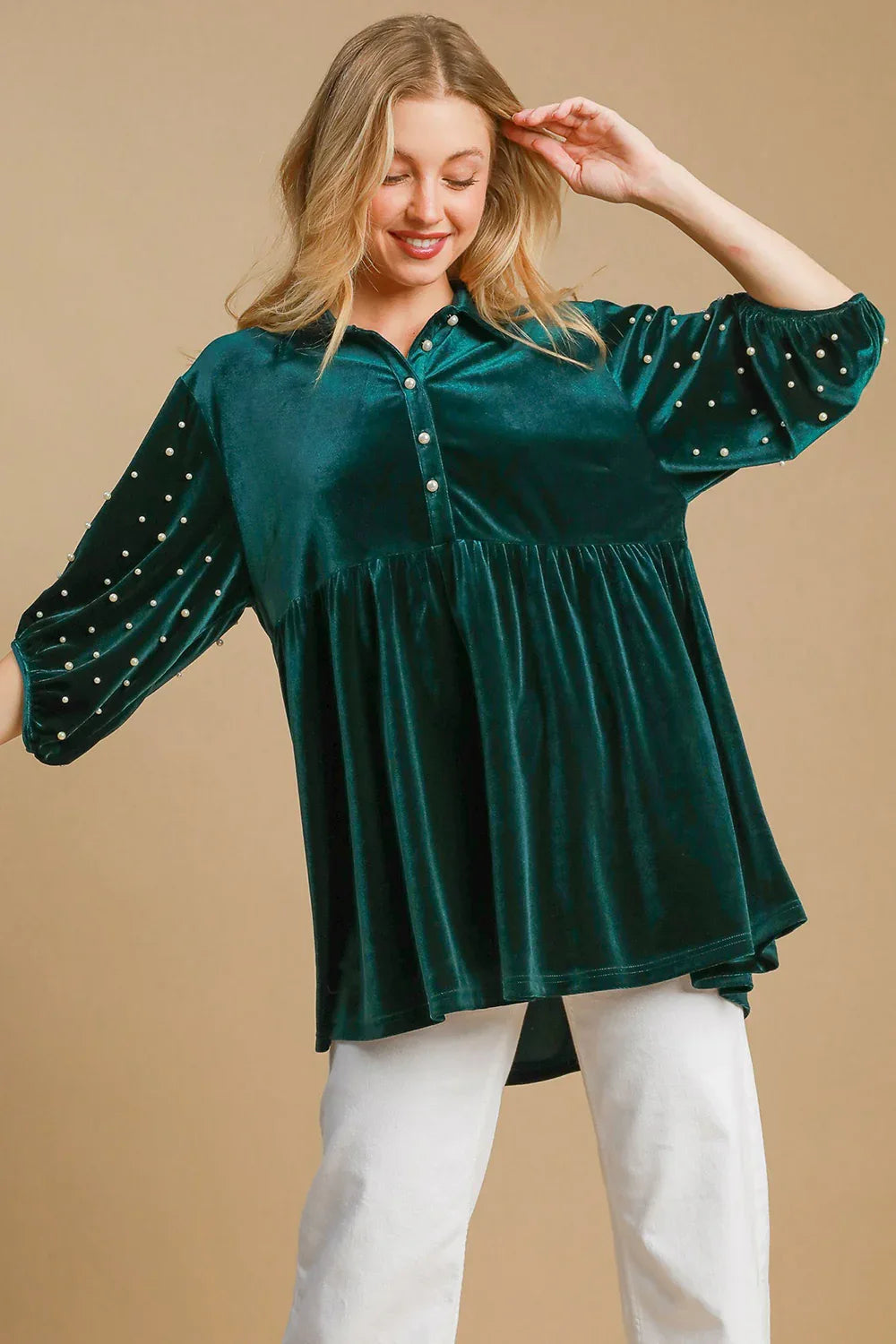 Umgee Pearl Detail Half Sleeve Green Velvet Blouse Bazarre Mart Pearl Detail Half Sleeve Velvet Blouse