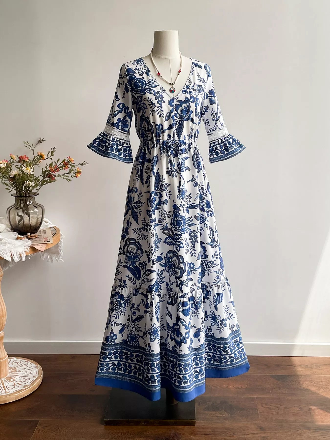 Blue Floral V-Neck Flounce Sleeve Dress Royal Blue Bazaare Mart Floral Print V-Neck Flounce Sleeve Dress