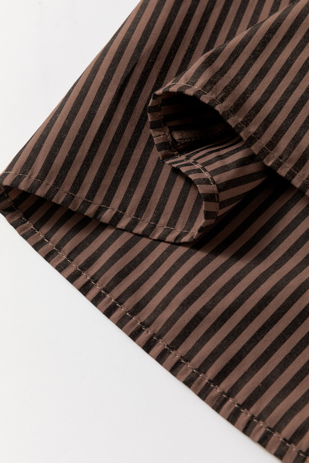 Brown Stripe V Neck Roll Up Sleeve Shirt