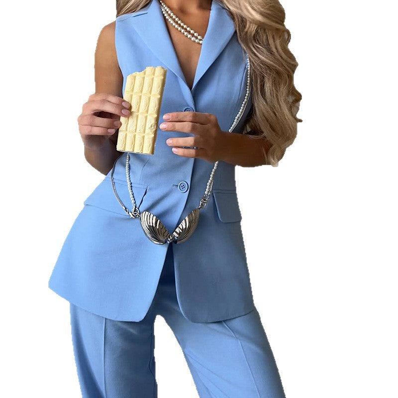 Women’s Sleeveless Vest & Straight-Leg Pants Set – Tailored Two-Piece Professional Outfit CJ Dropshipping Light Blue Vest Pants Set