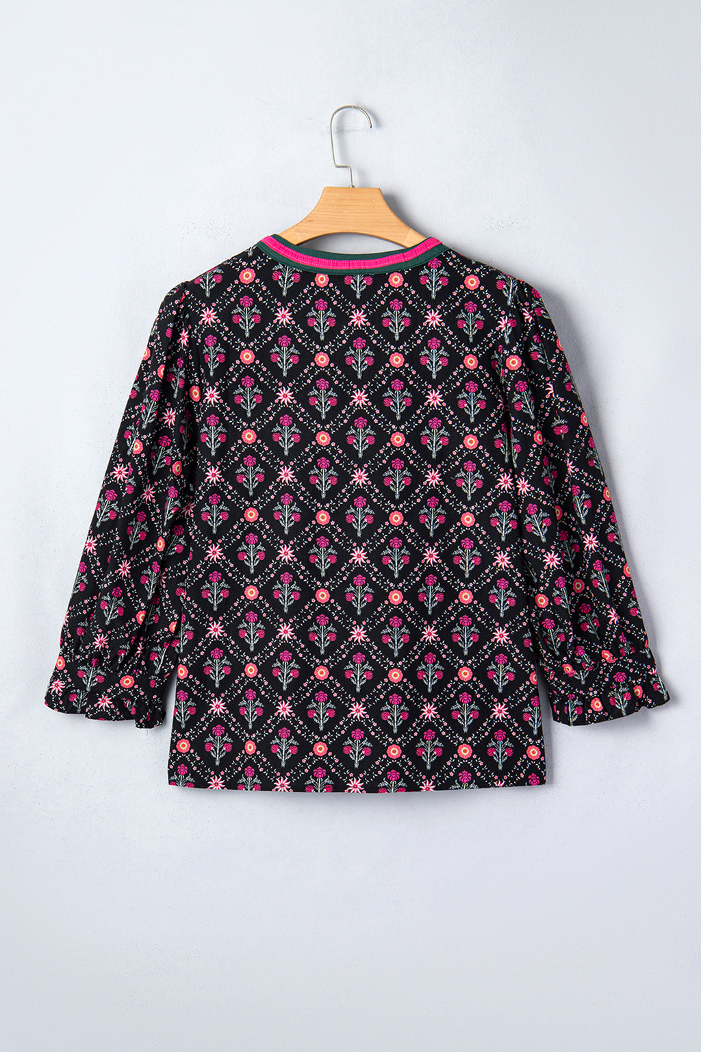 Black Contrast V Neck Bracelet Sleeve Floral Blouse