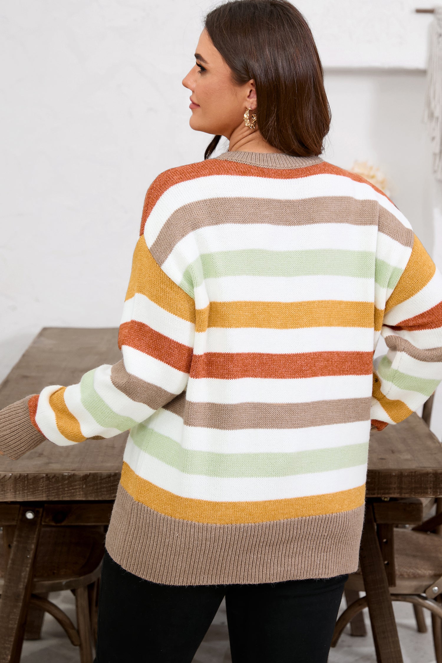 Multicolour Striped Colorblock Drop Shoulder Plus Size Sweater Bazaare Mart Plus Size/Plus Size Sweaters & Cardigans