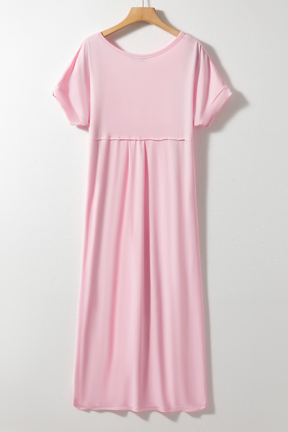 Pink V Neck Hidden Pockets Maxi T-shirt Dress