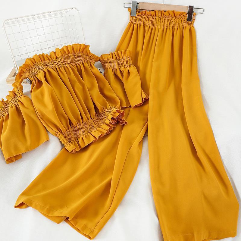 Women’s Chic Off-Shoulder Top & Elastic Waist Pants Set CJ Dropshipping 2pc. Off Shoulder Solid Top and Pants Se