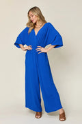 Double Take Full Size Surplice Wide Leg Jumpsuit with Pockets Royal Blue Bazarre Mart Solid Long Sleeve Jumpsuit