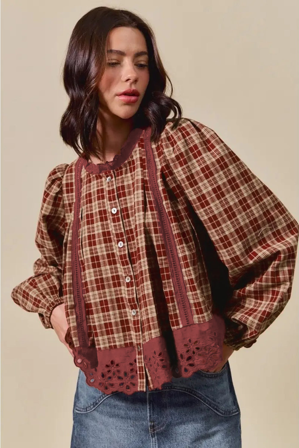 Vintage Red Plaid Lace Hem Button Down Shirt