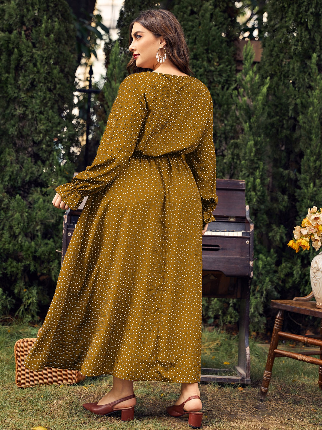 Fall Ruffled Polka Dot Long Sleeve Midi Dress