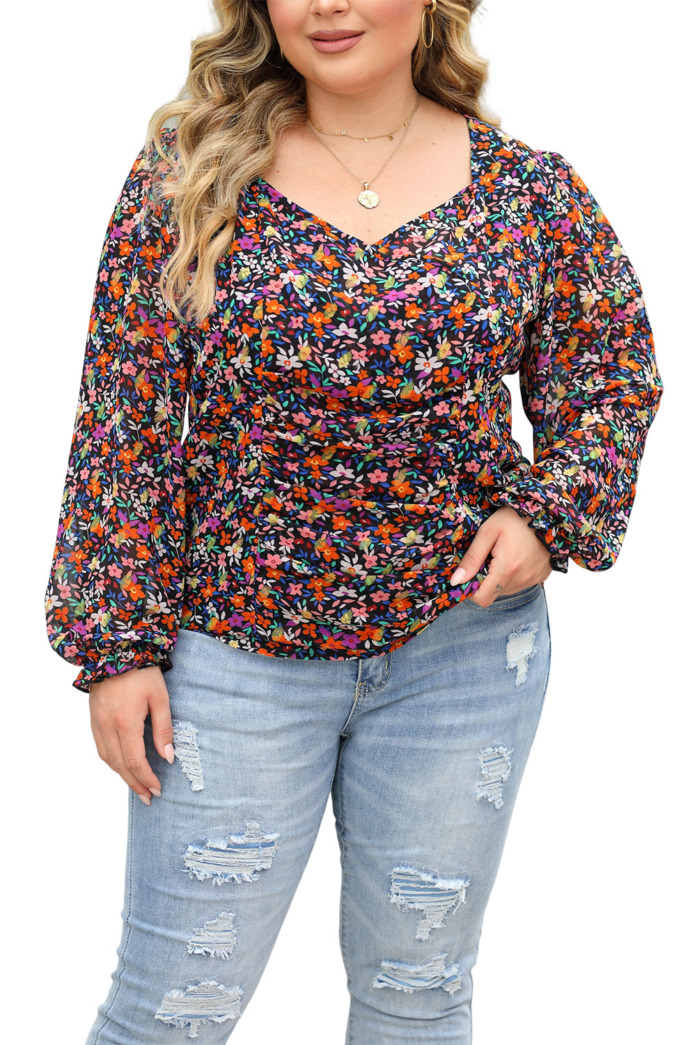 Plus Size V Neck Floral Long Sleeve Blouse or Dress