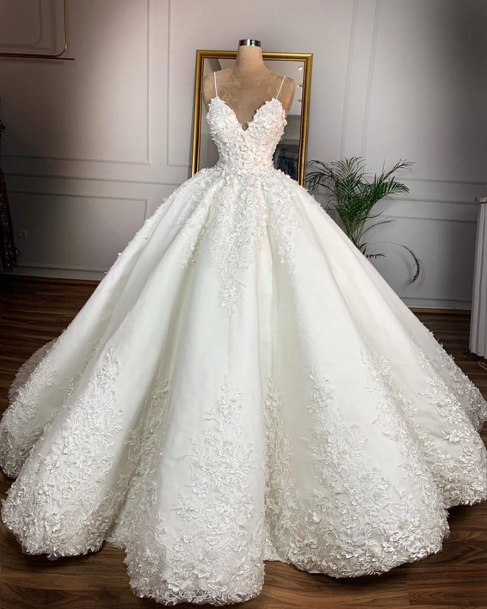 Deep V-neck Beaded Lace Formal Wedding Gown