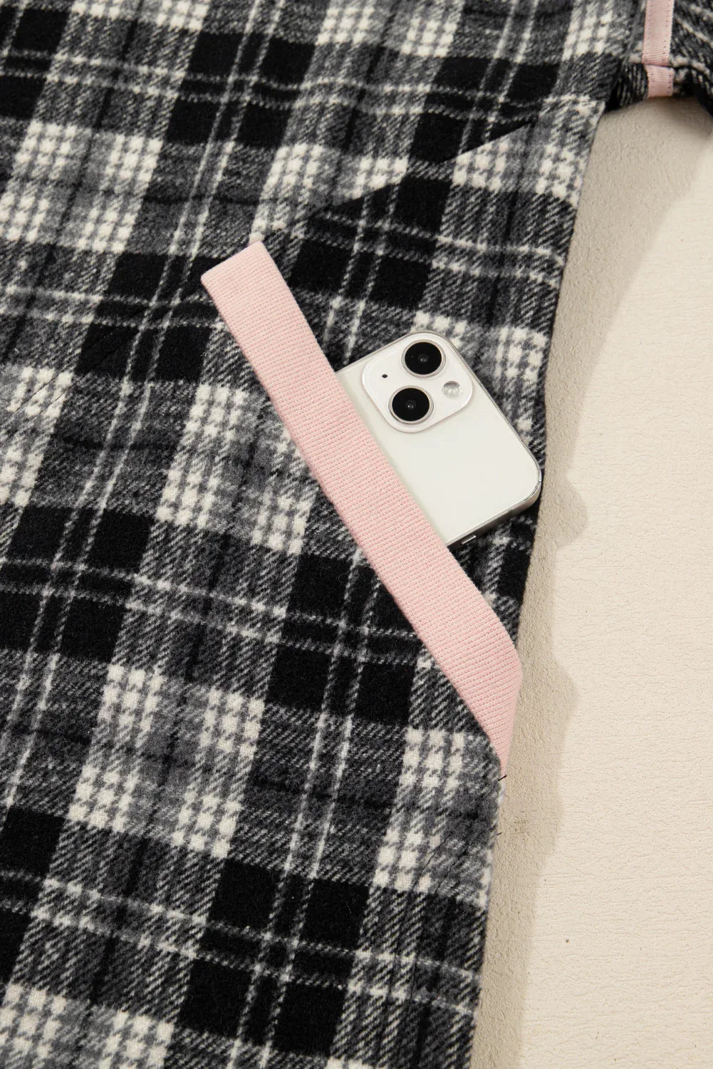 Black Plaid Polo Pink Collar Zip up Contrast Trim Long Sleeve Mini Dress Bazaarre Mart Dresses/Mini Dresses