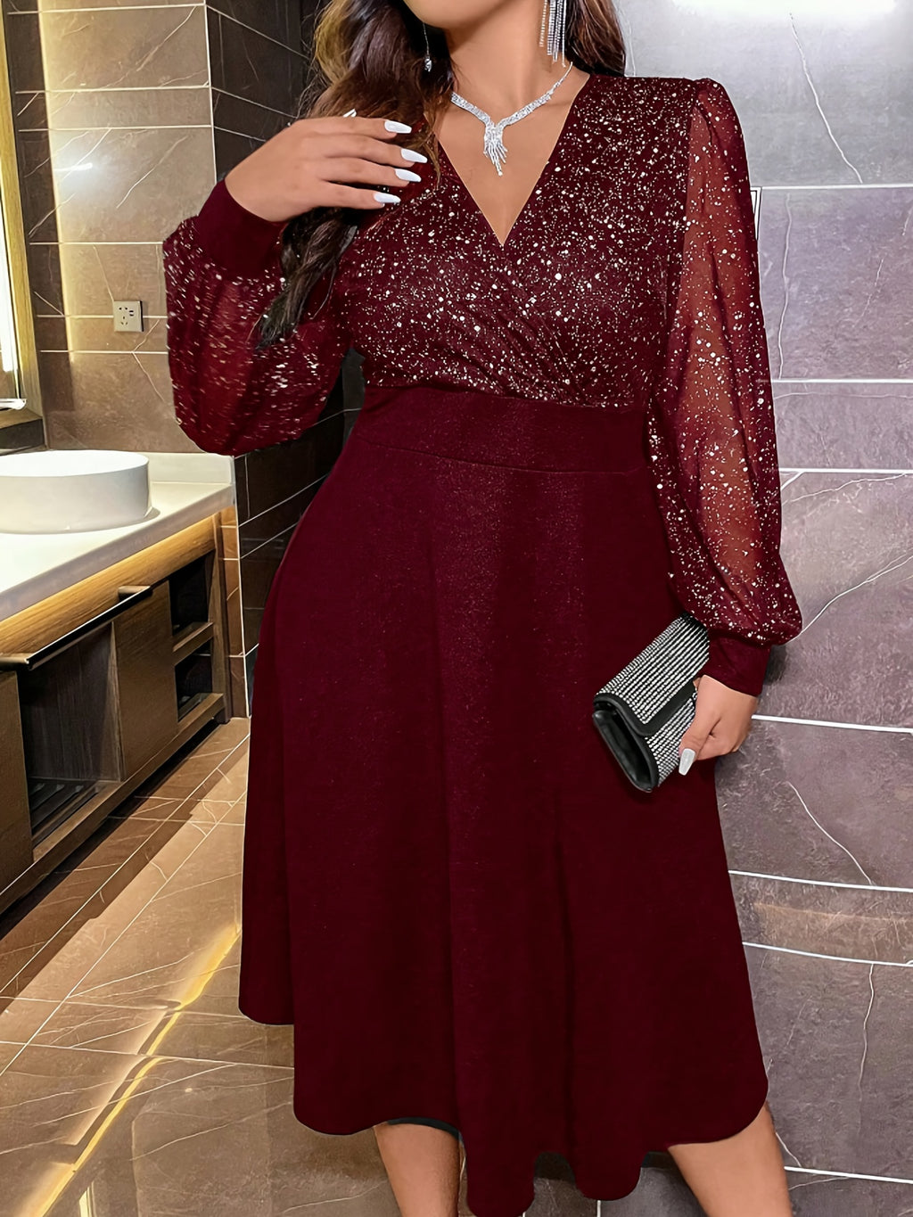 Burgundy Sparkling Sequin V-Neck Bell Sleeve Dress