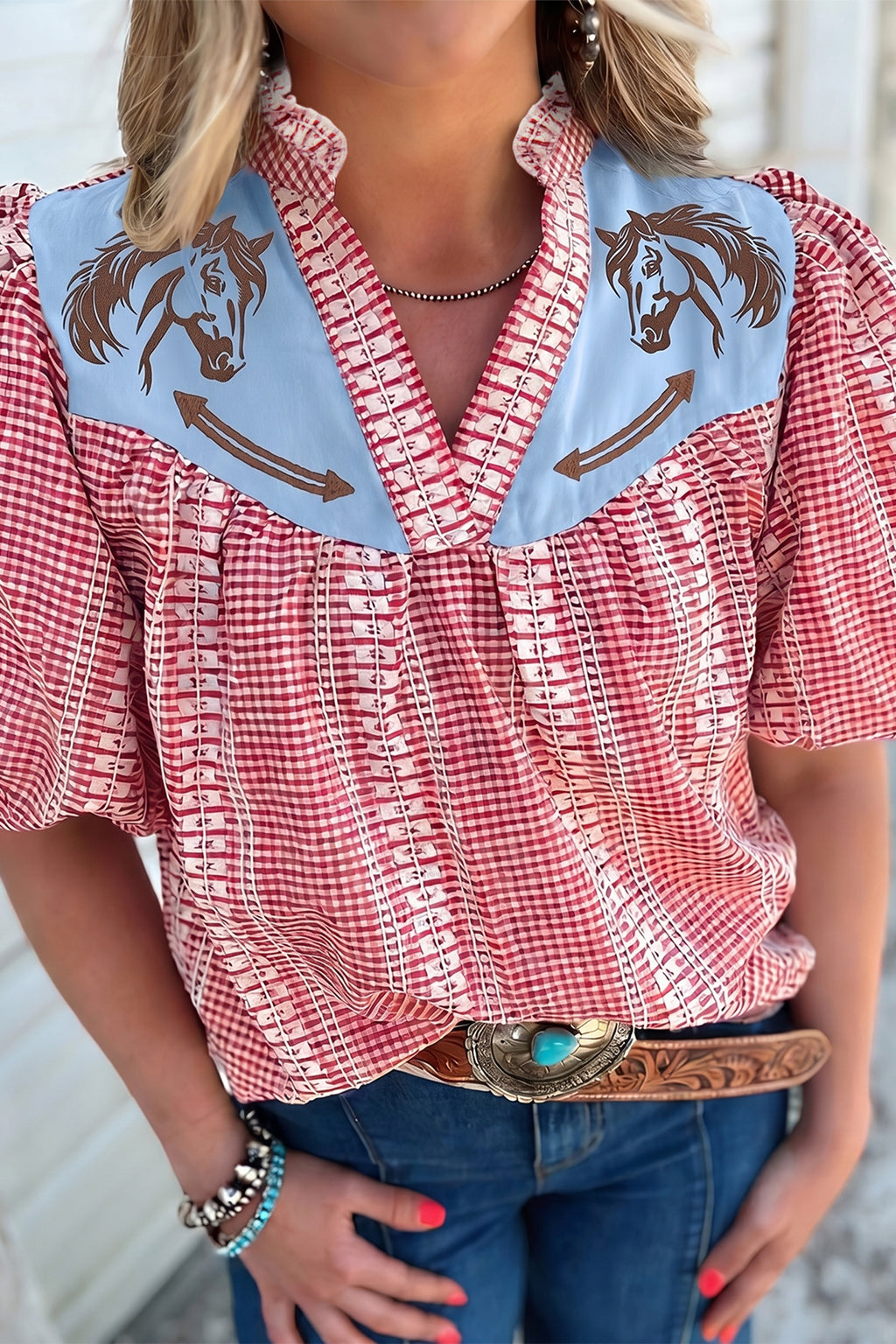 Western Horse Embroidered Gingham Blouse – Puff Sleeve Rustic Summer Top Dear-Lover Dropshipping Tops/Blouses & Shirts