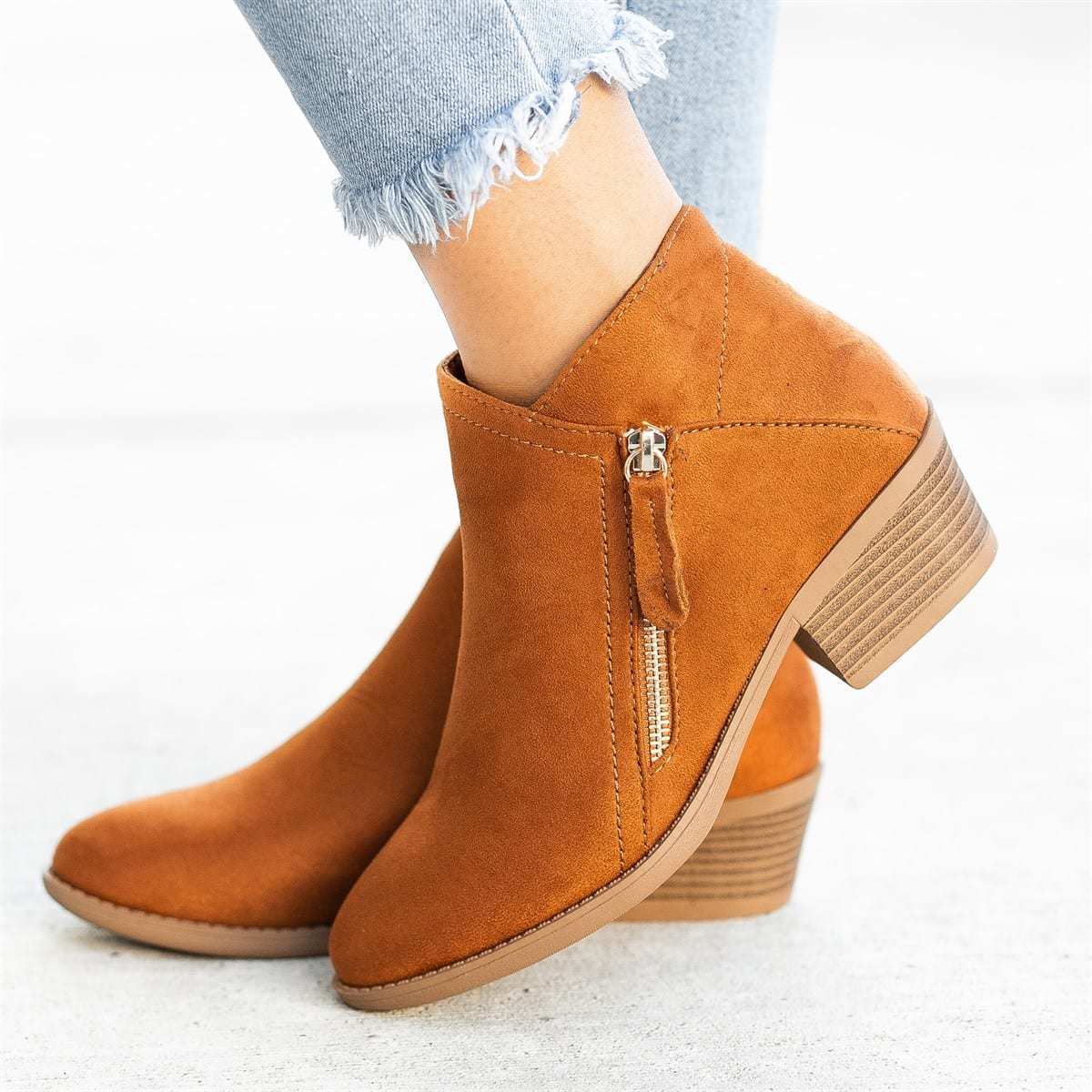 Low Heel Side Zipper Ankle Boots