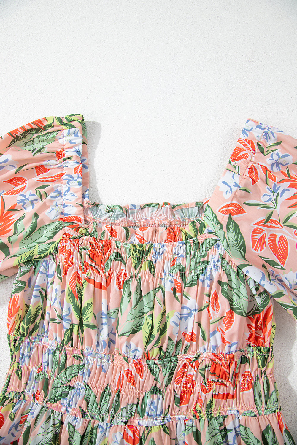 Apricot Floral Smocked Bust Bubble Half Sleeve Midi Dress