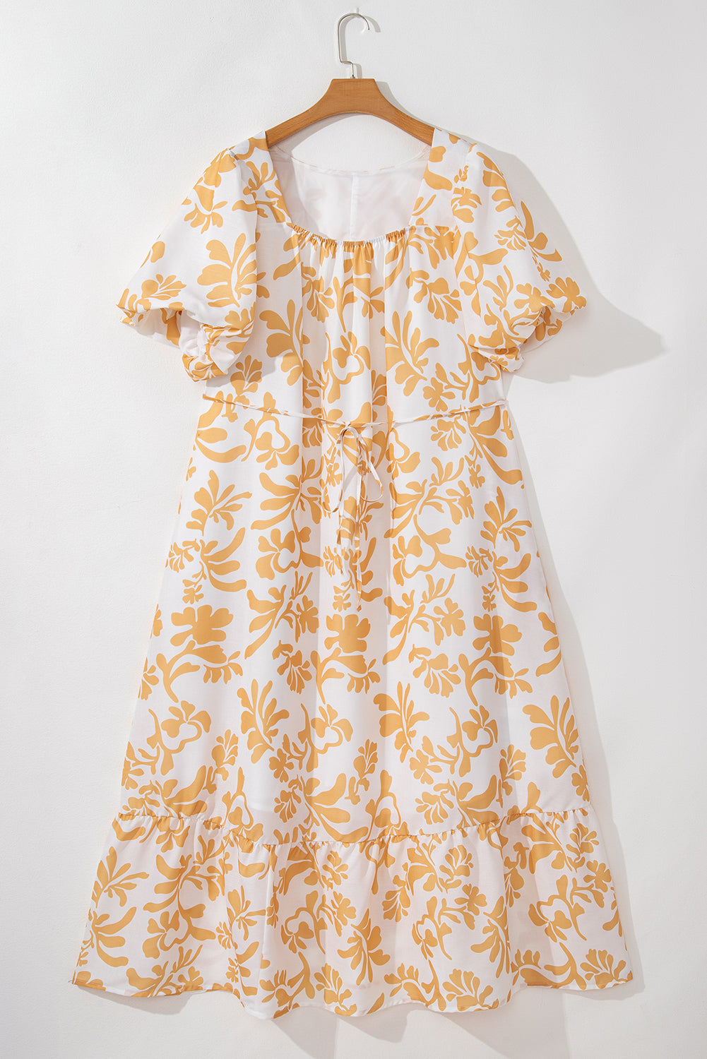 Apricot Floral Puff Short Sleeve Plus Size Maxi Dress