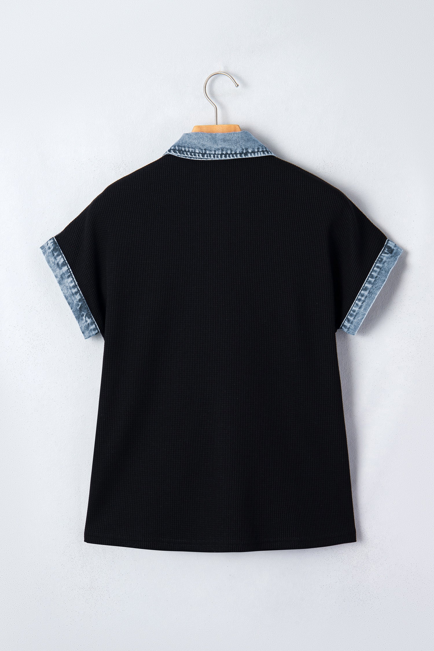 Black Textured Knit Denim Color Block Patchwork Collar Button Down Shirt Dear-Lover Dropshipping Tops/Blouses & Shirts