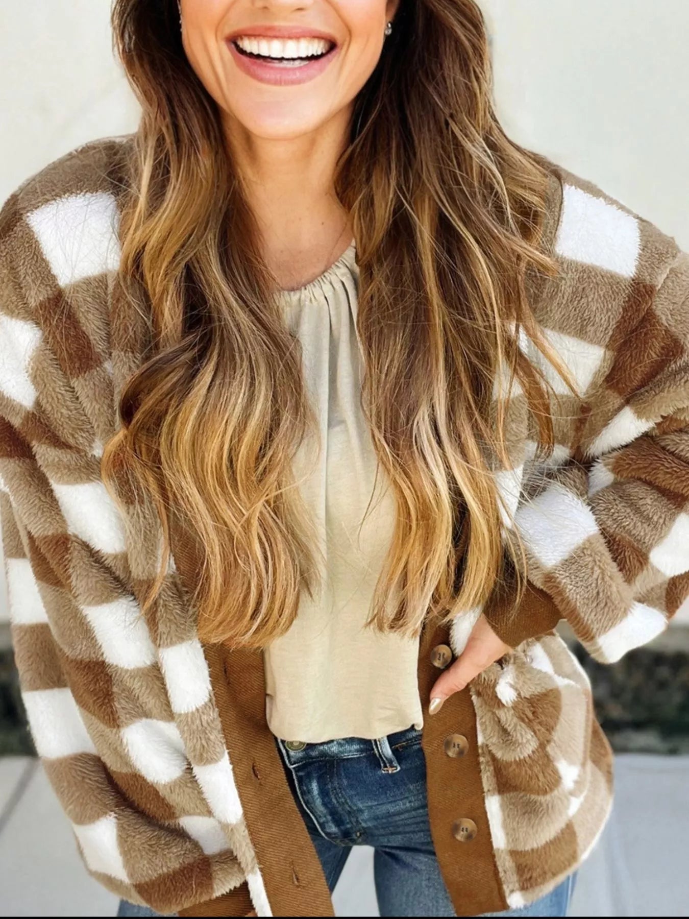 Brown Checkered Sherpa V-Neck Cardigan with Pockets Trendsi Brown Plaid Cardigan