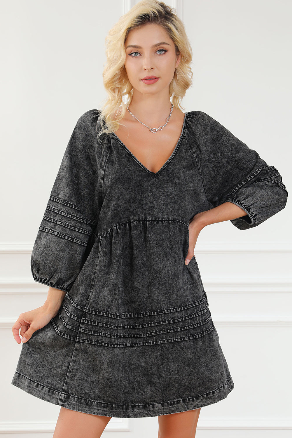 Black Pleated V Neck Puff Sleeve Denim Dress