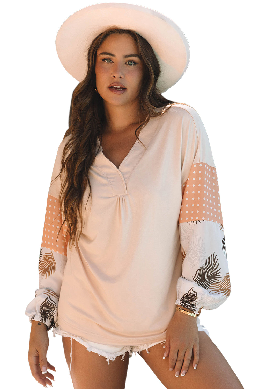 Puff Sleeve Patchwork V Neck Loose Blouse