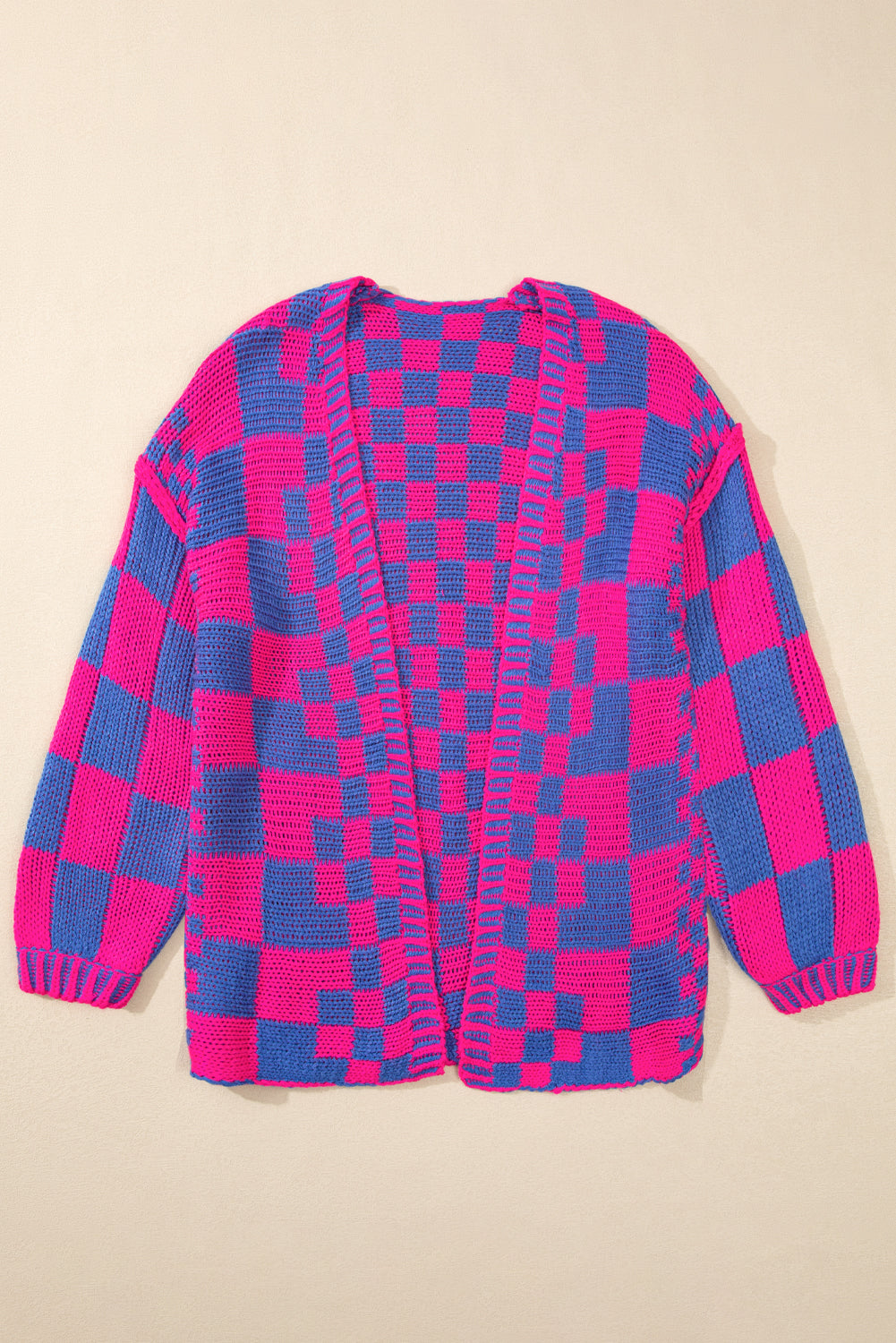Magenta Colorblock Checked Open Front Knitted Cardigan