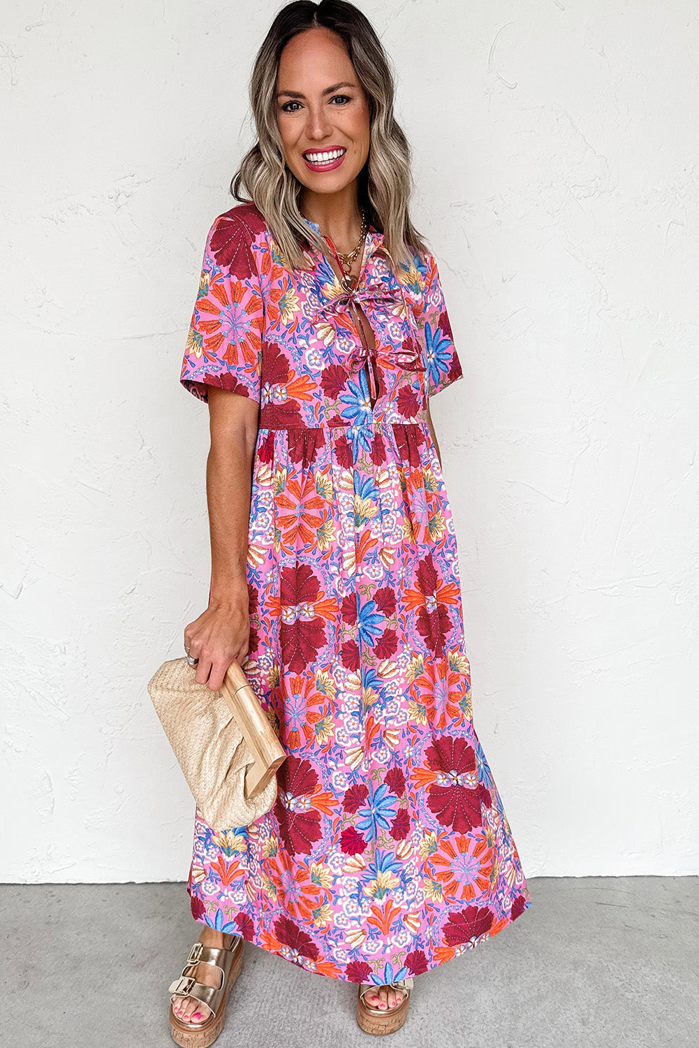 Rose Floral Tie Front Empire Waist Midi Dress Shewin Midi Dresses