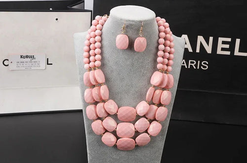 African 3-Strand Crystal Beaded Bib Necklace & Earrings Set – Traditional Wedding Jewelry Bazaare Mart Jewelry