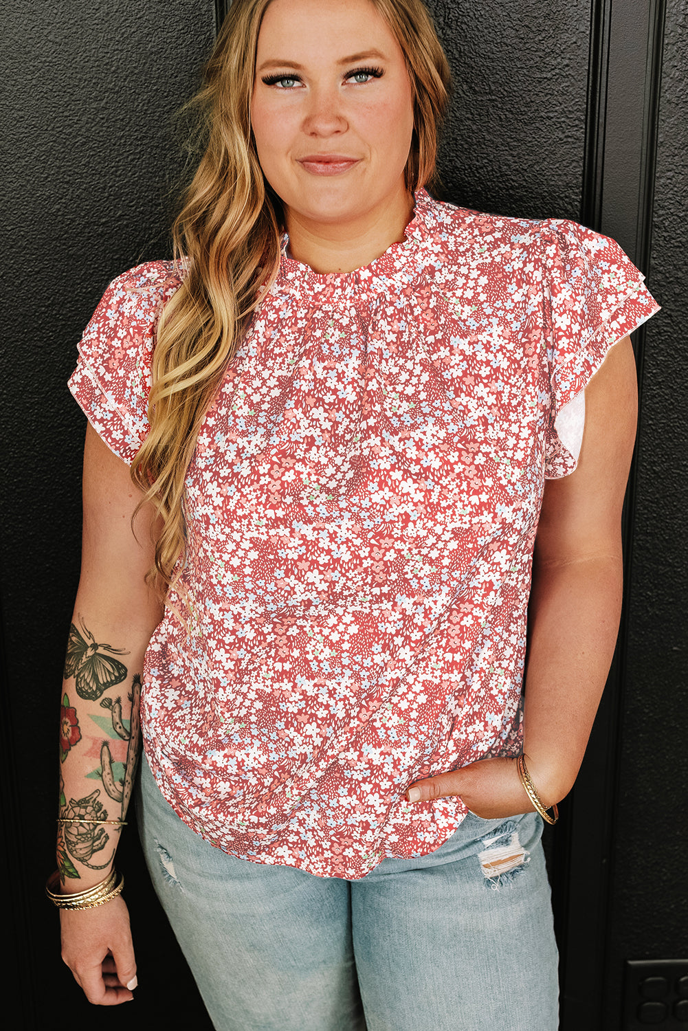 Pink Floral Ruffled Sleeve Frilled Neck Blouse