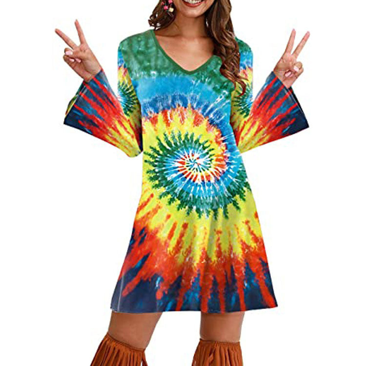 Retro ’70s Hippie Print A-Line Mini Dress Color 02 CJ Dropshipping Long Sleeve Hippie Dress