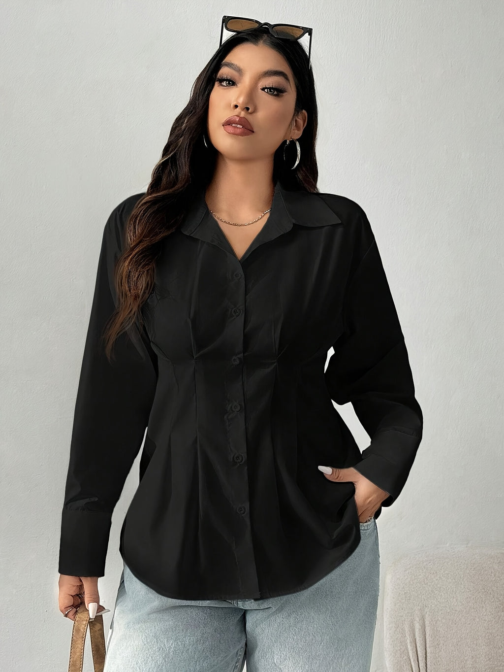 Women's Long Sleeve Button Up Cinched Waist Blouse