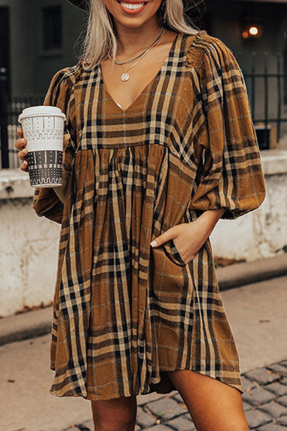 Brown Plaid Plus Size A Line Dress