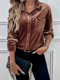 Velvet Button Up Long Sleeve Shirt Brown Bazaare Mart Button Up Long Sleeve Shirt