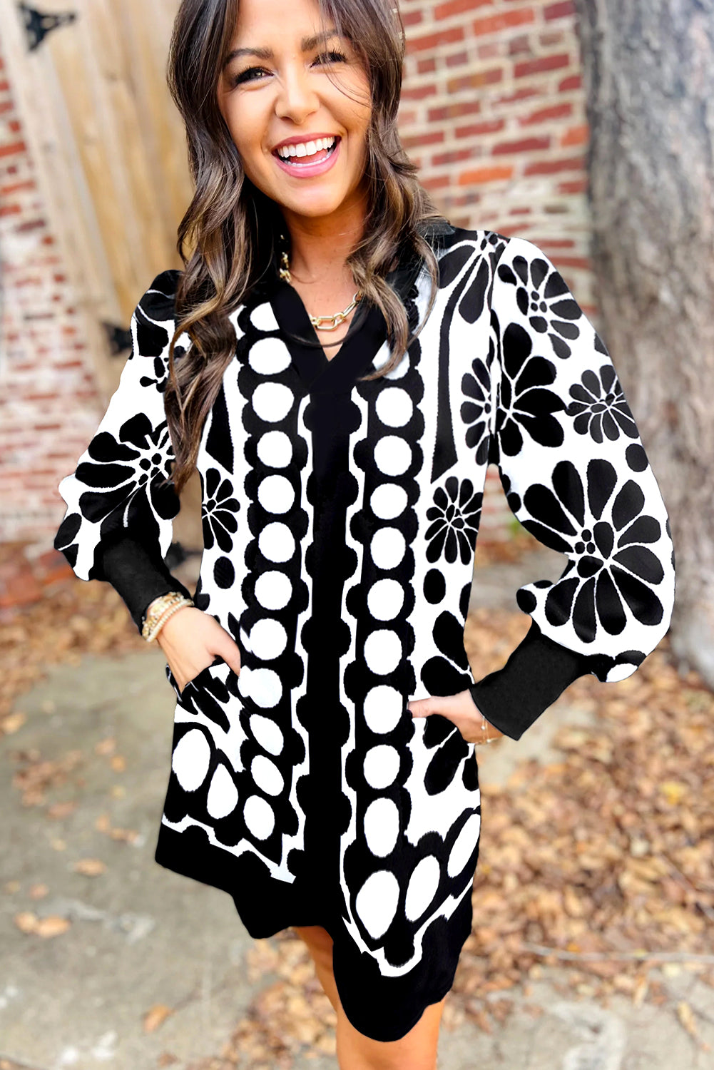 B&W Mixed Print V Neck Puff Sleeve Mini Dress