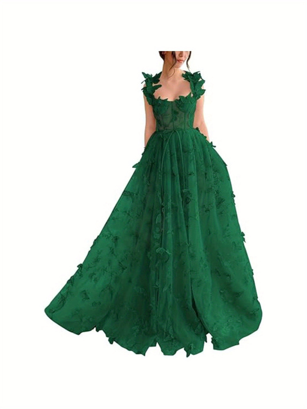 Elegant Long Sheer Flowy Floral & Butterfly Lace Gown