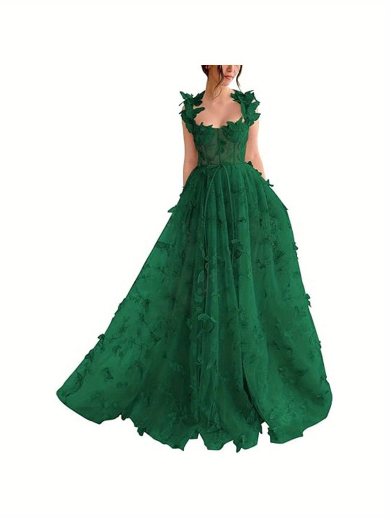 Elegant Long Sheer Flowy Floral & Butterfly Lace Gown