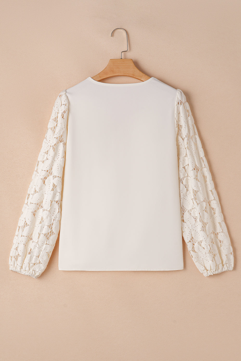 White Scalloped V Neck Hollowed Lace Lantern Sleeve Blouse
