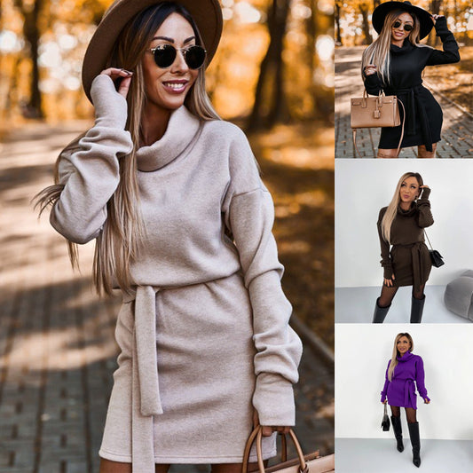 Cowl Neck Long Sleeve Sash Tie Sweater Dress