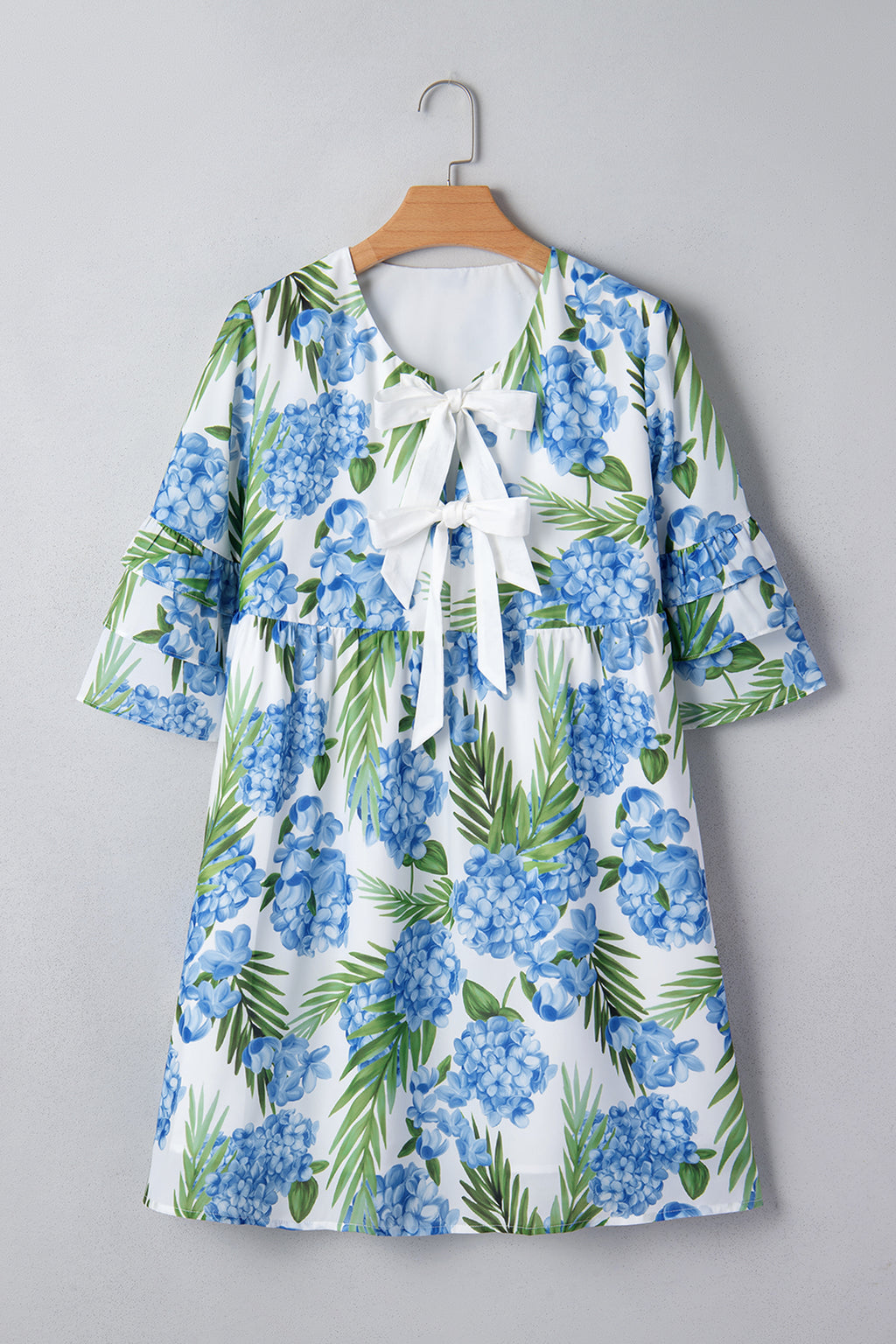 Sky Blue Floral Mini Dress – Ruffle Sleeve Tie Neck Summer Dress Dear-Lover Dropshipping Dresses/Floral Dresses