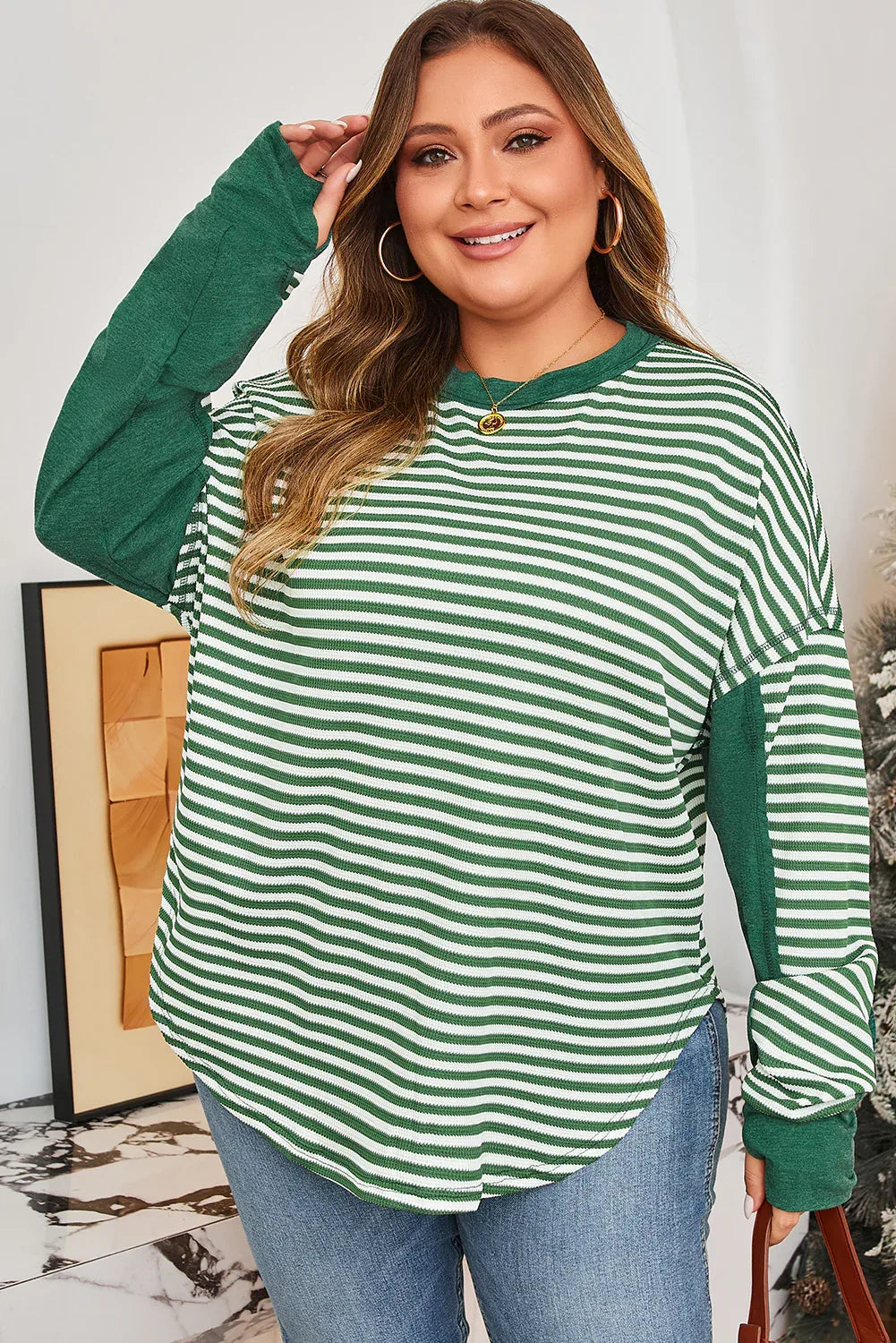 Green Stripe Patchwork Thermal Top Bazaare Mart Plus Size/Plus Size Tops/Plus Size Long Sleeve Tops