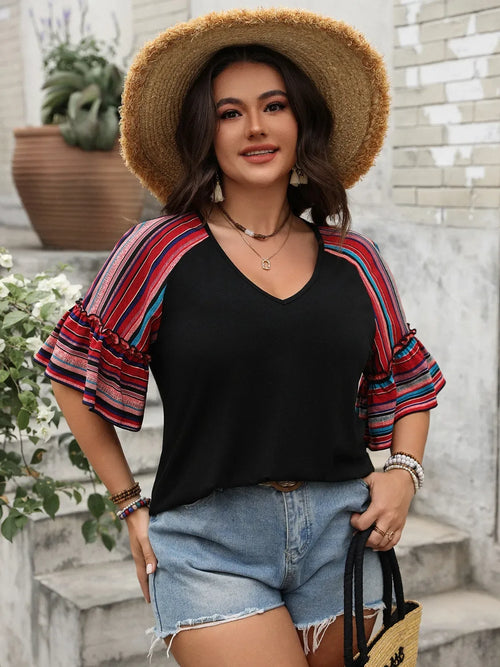 Black V-Neck Red Striped Flounce Half Sleeve Top Bazarre Mart Half Sleeve Striped Blouse