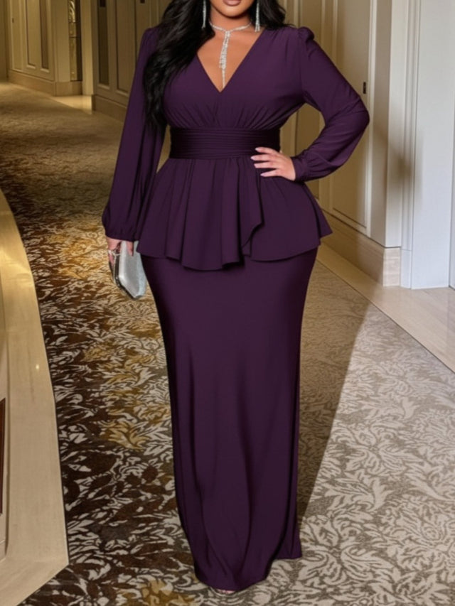 Purple V-Neck Peplum Belted Top + Maxi Skirt 2pc Set