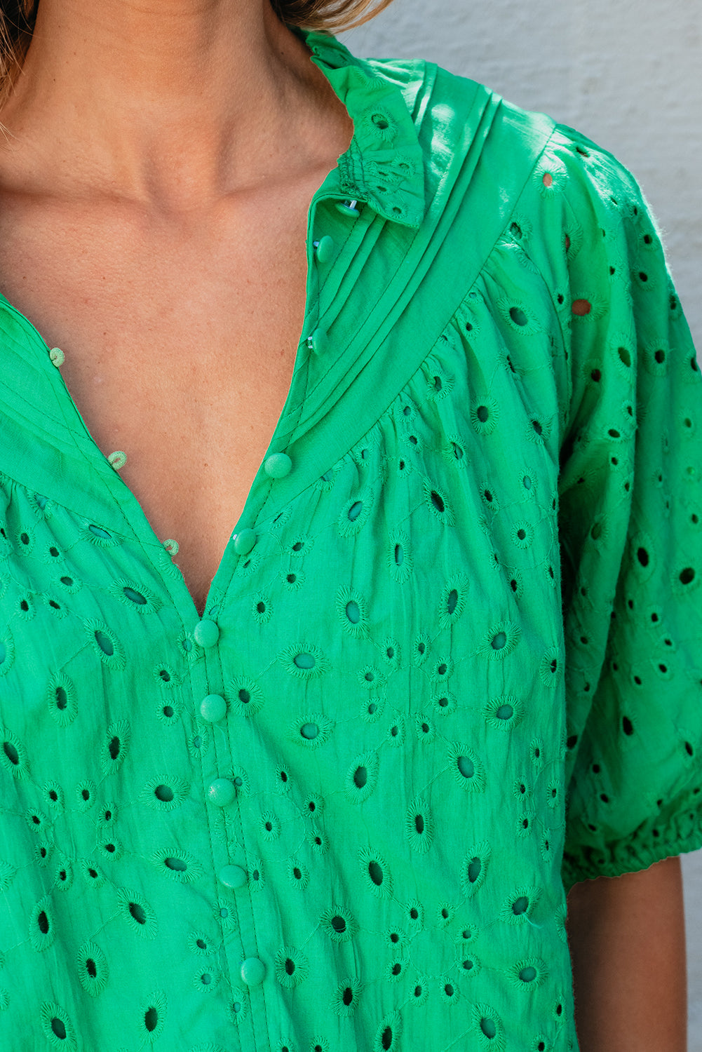 Green Hollow-out Puff Sleeve Blouse