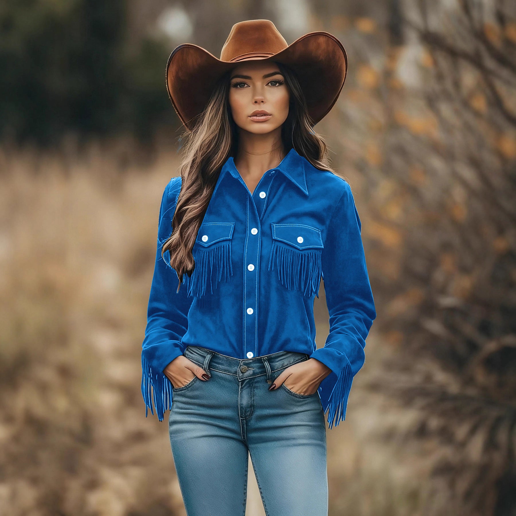 PU Suede Fringe Button Up Long Sleeve Shirt