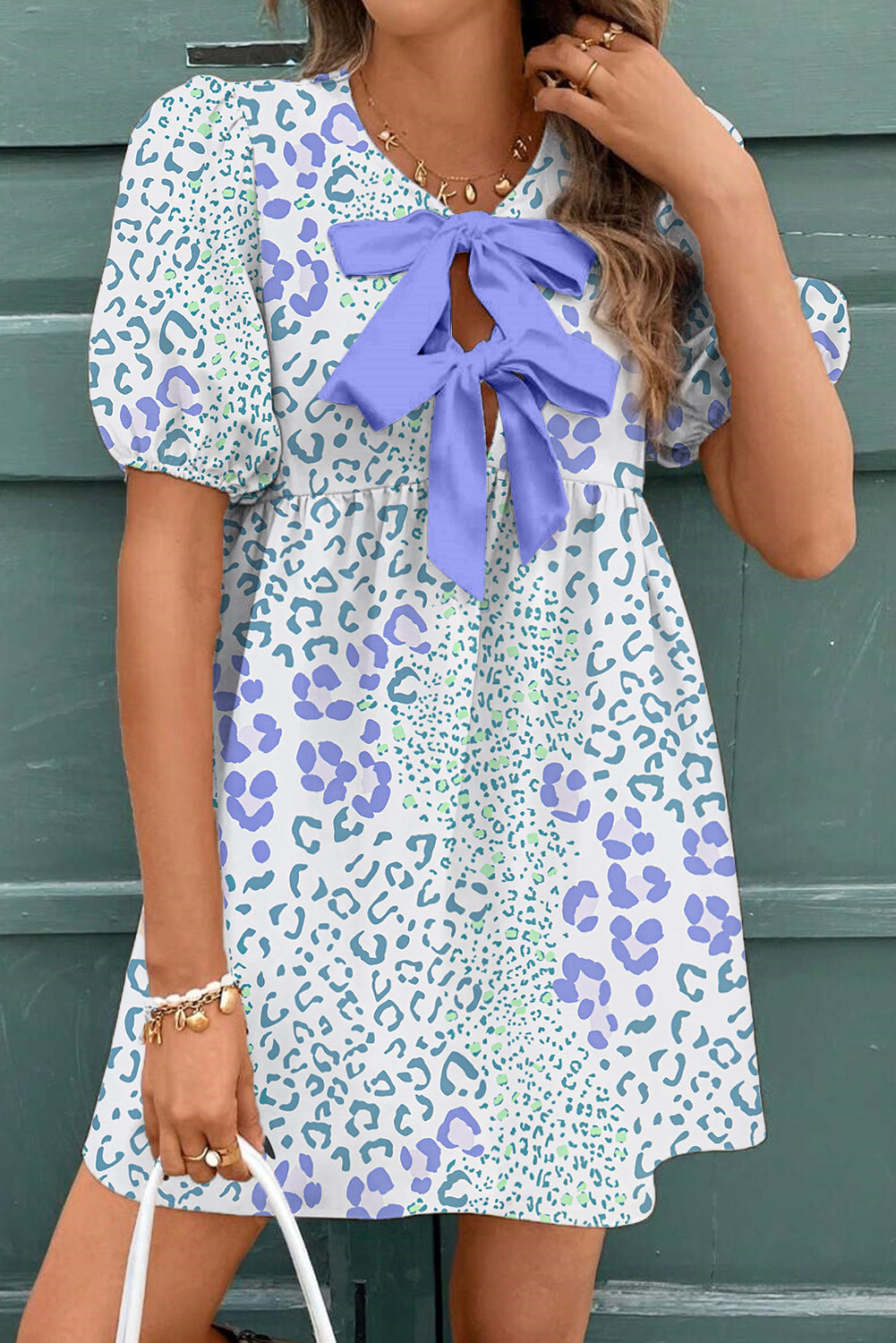 Floral Bow Front Puff Sleeve Mini Dress Sky Blue1 100%Polyester Shewin Short Dresses