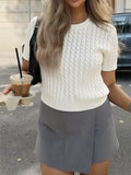 Cable-Knit Short Sleeve Sweater Gray white Trendsi Cable-Knit Short Sleeve Sweater