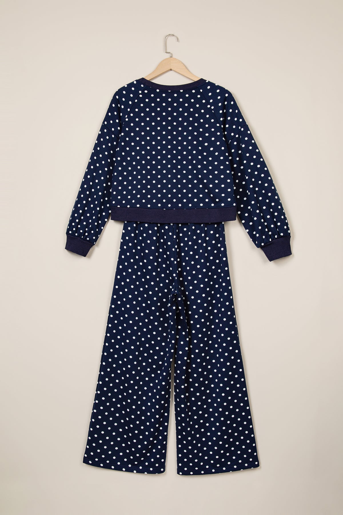 Red Polka Dot Drawstring Wide Leg Long Sleeve Top Pant Set