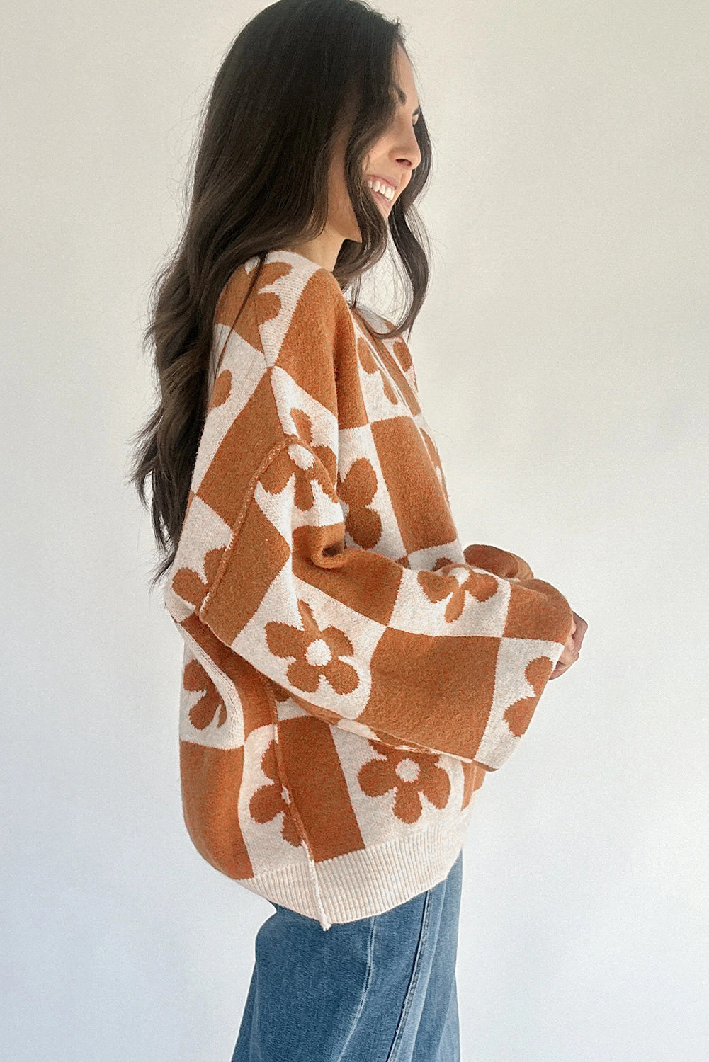 Brown Flower Colorblock Checkered Henley Sweater