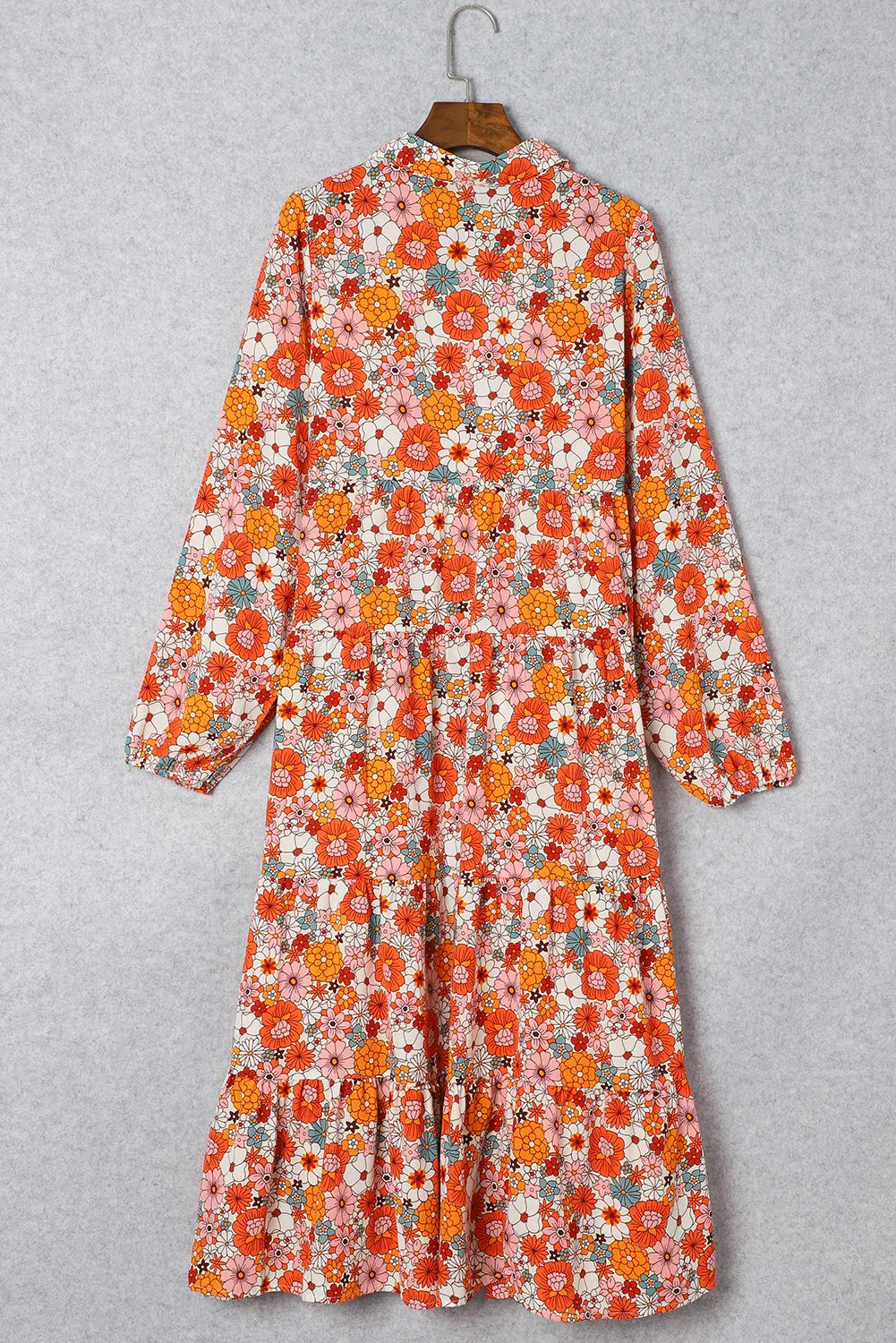 Orange Floral Collared Long Sleeve Dress Shewin 30% OFF