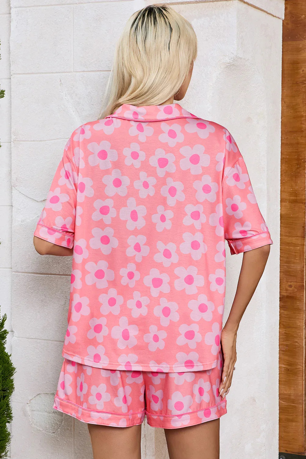 Pink Flower Print Short Sleeve Shirt Pajamas Set Bazaare Mart Loungewear & Sleepwear/Sleepwear