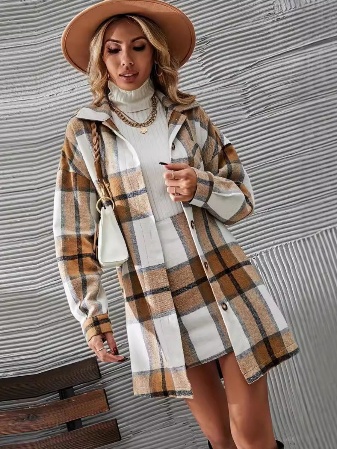 Camel Plaid Skirt Suit Set