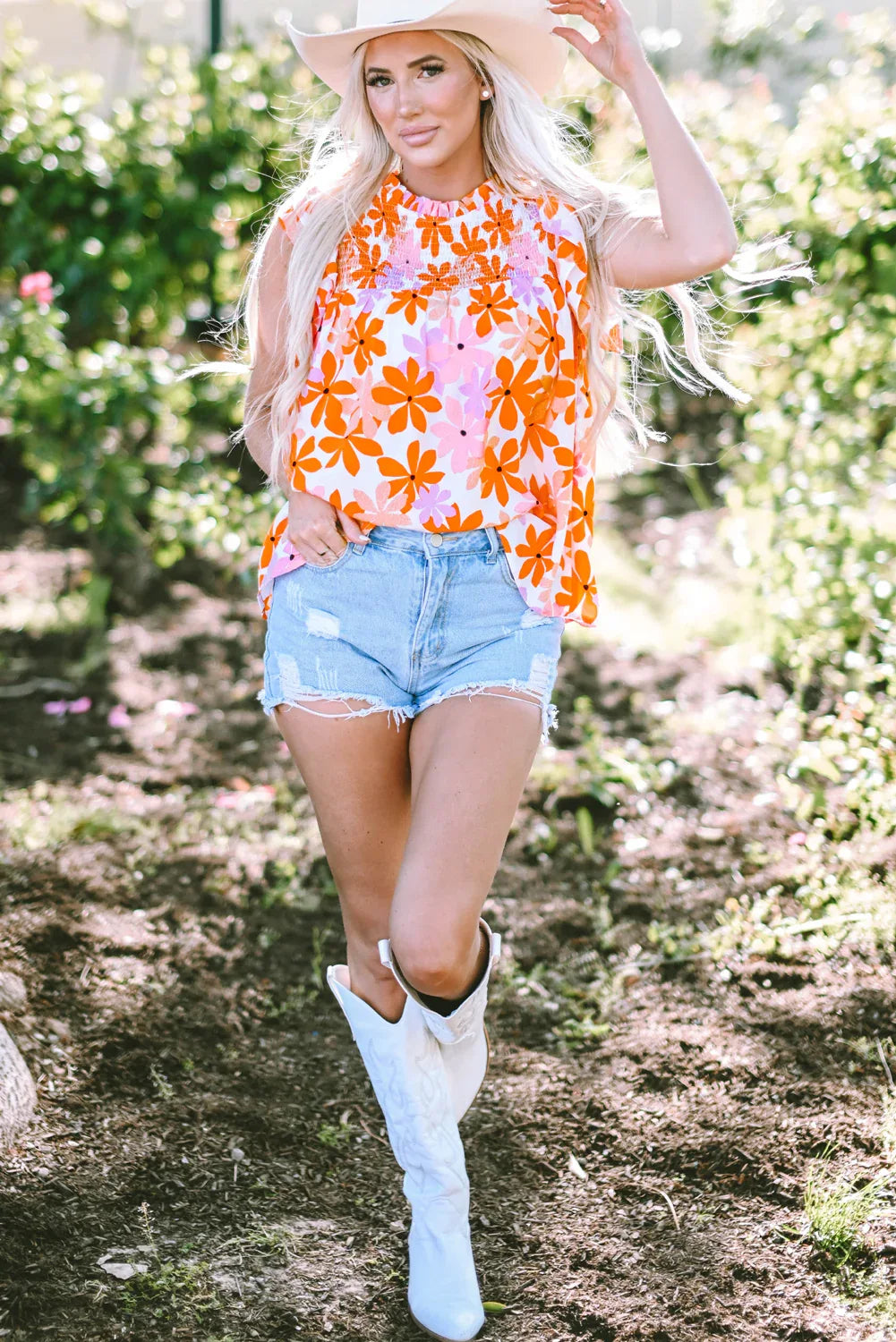 Orange Ruffled Sleeve Smocked Floral Top Bazaare Mart Tops